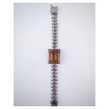 Massive Sterling Silver Bracelet with Rectangular Cognac Amber Cabochon