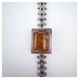 Massive Sterling Silver Bracelet with Rectangular Cognac Amber Cabochon