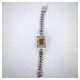 Massive Sterling Silver Bracelet with Rectangular Cognac Amber Cabochon