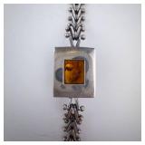 Massive Sterling Silver Bracelet with Rectangular Cognac Amber Cabochon