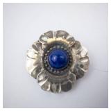 Georg Jensen Sterling Denmark Flower Brooch - Blue Lapis Cabochon Center