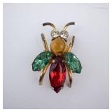 Coro Sterling Bee Brooch - Gold Tone with Emerald Green Wings & Red Gem Abdomen