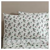 Lenox Holiday Flannel Sheet Set - Holly Green - QUEEN