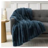 NEW Members Mark Hotel Premier Collection Luxury Faux Fur Throw - Washed Indigo