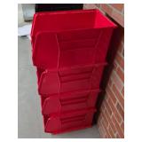 Lot of 4 Plastic Stackable Bins - 18 x 11 x 10", Red