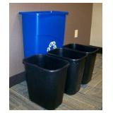 (3) Small Plastic Garbage Cans and (1) Mid-Sized Recycling Bin