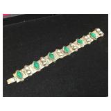 Vintage Mexico STERLING - Link Bracelet - Green Onyx/Ether/Jade?
