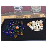 2 Old Jars with Marbles - Clay - Ceramic - Glass - Porcelain?