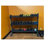 Horizontal 3 Level Dumbbell Storage Rack With Assorted Dumbbells and Kettlebell Weights In Incremental Sizes