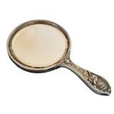 DR -Antique Silver-Plate Hand Mirror with Engraved Goddess Face & Floral Handle