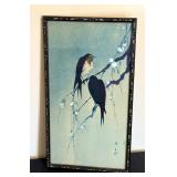 Vintage Asian Bird Print in Ornate Frame - Two Black Birds on Branches