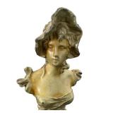 DR - Antique Art Nouveau Spelter Bust - European Damsel, Old-World Charm