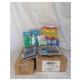 Assorted lot of pens, pencils, notepads, blackboard chalk and sidewalk chalk