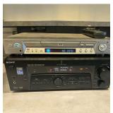 Vintage Jensen tower speakers with Sony av receiver and dvd player