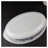 Glasbake #235 1 Qt Oval Casserole Dish w Blue Floral & Dynaware Pyr-O-Rey Milk Glass Custard Cups (Lot of 4)