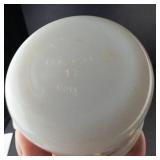 Glasbake #235 1 Qt Oval Casserole Dish w Blue Floral & Dynaware Pyr-O-Rey Milk Glass Custard Cups (Lot of 4)