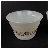 Glasbake #235 1 Qt Oval Casserole Dish w Blue Floral & Dynaware Pyr-O-Rey Milk Glass Custard Cups (Lot of 4)