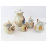 Enesco Porcelain Miniature Pitchers & Sugar Bowl (Lot of 5) - Fruit Design w/ Gold Trim