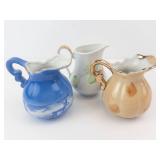Three Miniature Ceramic Pitchers Set - Blue Scenic, Peach Pattern White, Gold Trim