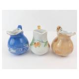 Three Miniature Ceramic Pitchers Set - Blue Scenic, Peach Pattern White, Gold Trim