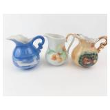 Three Miniature Ceramic Pitchers Set - Blue Scenic, Peach Pattern White, Gold Trim