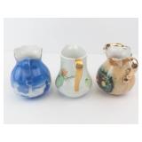 Three Miniature Ceramic Pitchers Set - Blue Scenic, Peach Pattern White, Gold Trim