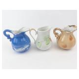 Three Miniature Ceramic Pitchers Set - Blue Scenic, Peach Pattern White, Gold Trim