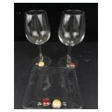 Wine Glass Set - 2 Clear Glasses & Square Snack Plate with Cabochon Accents