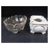 Jeannette Glass Louisa Candy Dish & Wilhelm Kunst Hand-Painted Porcelain Ashtray Box