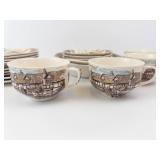 Village Scene Transferware Teacups & Plates Set