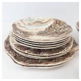 Village Scene Transferware Teacups & Plates Set