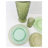 Green Glassware Set and J&G Meakin Royal Staffordshire Avondale Green Transferware Sugar Bowl w/ Lid