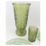 Green Glassware Set and J&G Meakin Royal Staffordshire Avondale Green Transferware Sugar Bowl w/ Lid