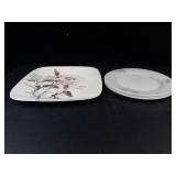 Corelle Twilight Grove Square Plates (2) & Federal Glass Golden Glory Milk Glass Plates (2)