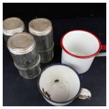 Hoosier Glass Spice Jars (3) - Enamel Mugs (2) Vintage Kitchenware