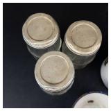 Hoosier Glass Spice Jars (3) - Enamel Mugs (2) Vintage Kitchenware