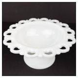 Anchor Hocking Old Colony Lace Edge Milk Glass Pedestal Compote - 7in Dia x 3.5in H