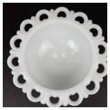 Anchor Hocking Old Colony Lace Edge Milk Glass Pedestal Compote - 7in Dia x 3.5in H
