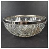 Crystal Glass Bowl - Starburst Pattern, Silver Plated Rim, 9-Inch Diameter