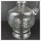 Vintage etched glass wine decanter with ball stopper and handle