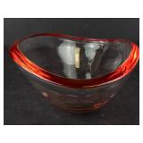 Walther-Glas Art Glass Oval Bowl - Red Rim, Clear Body - Made in Germany