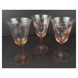 Tiffin Pink Depression Glass Wine Glasses - Etched Floral Pattern (Lot of 3)