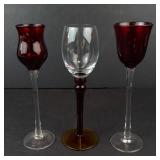 Lot of 3 Stemware Glasses - Burgundy Red Goblets (2) & Clear Goblet with red stem