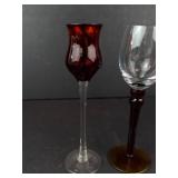 Lot of 3 Stemware Glasses - Burgundy Red Goblets (2) & Clear Goblet with red stem