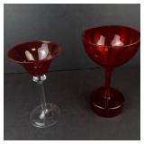 Ruby Red Glass Champagne Coupe & Martini Glass with Clear Stem