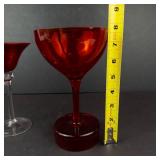 Ruby Red Glass Champagne Coupe & Martini Glass with Clear Stem