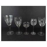 Etched Floral Wine Glasses (Lot of 5)