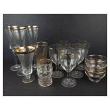 Crystal Glassware Set with Gold Trim - Assorted Clear Glasses & 3 Bowls