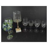 Wine Glasses Set - Clear 4, Hand-Painted 2, Hurricane Lamp with Gold Stem (Lot of 7)
