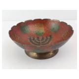 Brass Bowl with Hand-Painted Enamel Menorah - Vintage Israeli Judaica